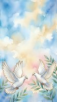 Watercolor illustration of three white doves in flight with olive branches against a soft, cloudy sky in blue and cream tones. Suitable for peace, spirituality, and greeting card designs.