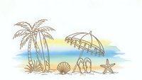 Tropical beach scene with palm tree, umbrella, seashells and starfish in watercolor style. Summer vacation and seaside relaxation concept for travel designs.