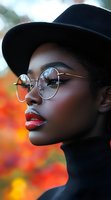 Young African American woman in round glasses and black hat against autumn background, wearing red lipstick. Side profile portrait with soft bokeh effect.