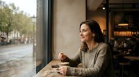 Young woman enjoying coffee at cafe window on rainy day, relaxing moment in cozy restaurant interior with warm lighting and urban street view outside.