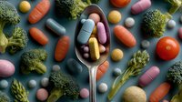 Colorful vitamin pills and capsules in spoon with fresh broccoli vegetables on blue background representing healthy nutrition and dietary supplements.