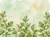 Watercolor parsley herb border with green foliage on soft cream and pale green wash background, isolated on transparent background for culinary, botanical, and design projects.