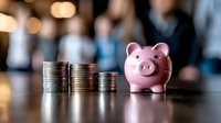 Pink piggy bank with stacked coins on wooden table in blurred office background. Financial planning, savings, investment and money management concept.