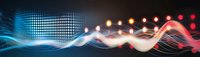 Abstract panoramic background with glowing wavy lines and dots in red, white and blue colors against dark backdrop, modern digital design for technology concept.