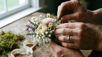 Florist hands arranging delicate boutonniere with ranunculus and baby's breath flowers on rustic wooden table for wedding ceremony preparation.