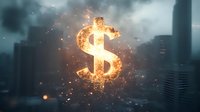Glowing dollar sign formed by magical light particles floating against dark cityscape background with sparkling effects and energy streams.