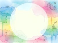 Watercolor rainbow background with white circle frame for text, featuring whimsical doodle elements and pastel gradient colors for creative design projects.