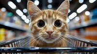 Orange tabby kitten with big eyes sitting in shopping cart at grocery store, adorable pet consumer concept for marketing and advertising campaigns.