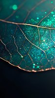 Macro shot of delicate leaf skeleton with turquoise glitter bokeh effect against dark background, showing intricate vein patterns and natural texture details.