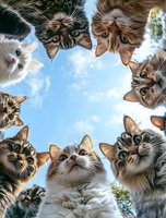 Curious cats looking down at camera in circle formation against blue sky background, creating funny and engaging perspective for pet photography and social media.