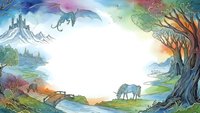 Fantasy landscape frame with dragon, castle, tree and unicorn creating magical border for text or design projects.