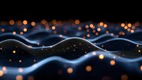 Futuristic wave pattern with glowing particles and bokeh lights on dark background creates dynamic digital landscape visualization for technology concepts.