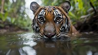 Bengal tiger swimming in water with intense gaze, head partially submerged showing striking eyes and facial features against natural forest background with bokeh effect.