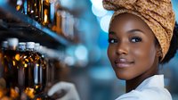 Young African woman bartender in traditional headwrap smiling while working at bar counter with blurred bottles and warm lighting creating atmospheric ambiance.