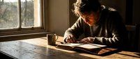 Senior man with gray hair and glasses focused on woodworking project at wooden table near window with natural sunlight, wearing brown sweater, suitable for craftsmanship and hobby content.