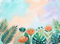 Tropical watercolor background with exotic flowers and palm leaves in teal, coral and gold tones, copy space for text or design.