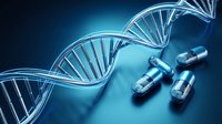 DNA double helix structure with medical capsules on blue background representing genetic medicine and pharmaceutical biotechnology research.