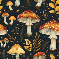 Orange amanita mushrooms with white spots surrounded by golden autumn leaves and berries on dark background. Seamless pattern for fabric, wallpaper design.