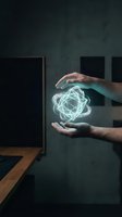 Hands holding glowing neon geometric wireframe sphere in dark modern interior space, representing innovation, technology, and digital transformation for business concepts.