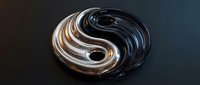 Glossy metallic yin yang symbol with swirled liquid metal texture in gold and black colors on dark background representing balance and harmony concept.