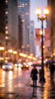 Rainy city street at dusk with heart-shaped bokeh lights, glowing lamp posts, and blurred pedestrians on wet pavement, romantic urban atmosphere.