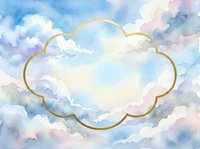 Watercolor cloud frame with golden border on pastel sky background for greeting cards, invitations and decorative design projects.
