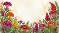 Vibrant watercolor floral border with colorful celosia, marigolds, and ferns framing a soft beige background, perfect for greeting cards and invitations.