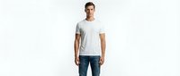 Caucasian male model wearing blank white t-shirt and dark jeans, standing against white background for apparel mockup and design template use.