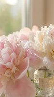Fresh pink and cream peonies with water droplets in glass vase by window, soft natural light, floral arrangement for home decor and spring celebrations.