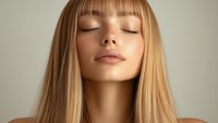 Young Caucasian woman with long straight blonde hair and bangs, eyes closed with serene expression, natural makeup on beige background. Beauty and skincare concept.