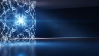 Abstract digital network cube with glowing connections and bright light burst on blue technology background for futuristic design concepts.