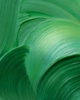 Vibrant emerald green brush strokes create dynamic flowing curves and waves against dark background, showcasing artistic movement and texture in abstract composition.