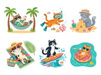 Cheerful summer vacation clipart collection featuring children and animals enjoying beach activities, swimming, and relaxation in tropical settings. Isolated on white background for design use.