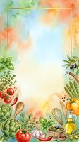 Watercolor cooking frame with fresh vegetables, herbs, and olive oil on isolated white background, ready for recipe cards, menu designs, and culinary branding projects.