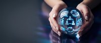 Hands protecting glowing sphere with business analytics icons for data security and digital transformation concepts in corporate environments.