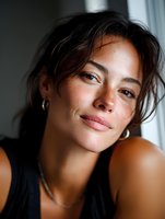 Young Hispanic woman with short brown hair smiling naturally in soft window light wearing black tank top for lifestyle and wellness content.
