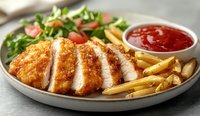 Crispy breaded chicken cutlet sliced on plate with french fries, fresh green salad, cherry tomatoes and red dipping sauce, served on gray ceramic dish.
