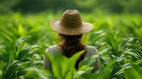 Young Asian woman farmer in straw hat examining green crops in field during sunrise, view from behind surrounded by lush agricultural plants.