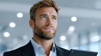 Confident young Caucasian businessman with beard looking up thoughtfully in modern office environment with blurred lights background for corporate presentations.