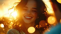Young Asian woman with curly hair laughing at sunset, backlit with golden bokeh lights creating magical atmosphere. Natural genuine happiness and joy concept.