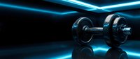 Pair of metallic dumbbells with glowing neon blue light effects on dark background, suitable for fitness, gym, and workout design projects.