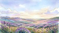 Lavender field landscape at sunset with rolling hills, mountains, and soft clouds in watercolor style, suitable for wall art, home decor, and nature-themed designs.