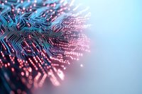 Glowing circuit board with blue and red illuminated pathways creating futuristic technology pattern against soft gradient background.