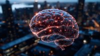 Glowing digital brain visualization floating over blurred city skyline at dusk, representing artificial intelligence, machine learning and cognitive technology.