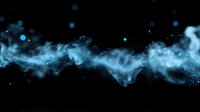 Ethereal blue smoke swirls against black background with glowing particles creating mystical atmospheric effect. Dynamic flowing vapor design element.
