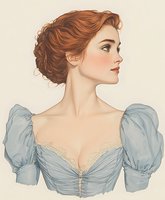 Young woman with auburn hair in vintage blue dress with puff sleeves and lace trim, shown in elegant profile portrait style against light background. Digital art illustration.