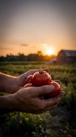 Farmer hands holding fresh ripe tomato at sunset in agricultural field with barn background representing organic farming and harvest season.