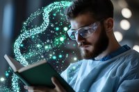 Caucasian male scientist in protective glasses studying genetic research with glowing DNA helix visualization in modern laboratory environment.