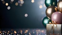Elegant gift box with golden ribbon surrounded by colorful balloons and bokeh lights creating festive celebration atmosphere for holidays and special occasions.