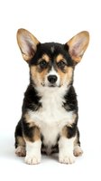 Adorable tricolor corgi puppy sitting on white background, isolated for pet care designs, veterinary materials, and animal lover projects.